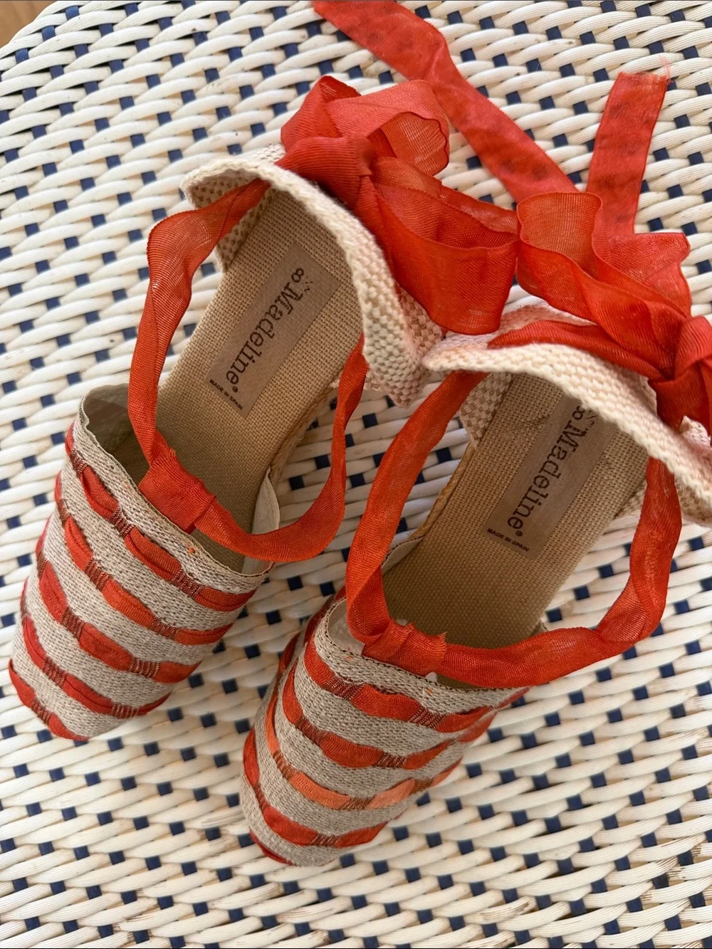 Madeline Beige Espadrille Flats with Red Ribbon Straps